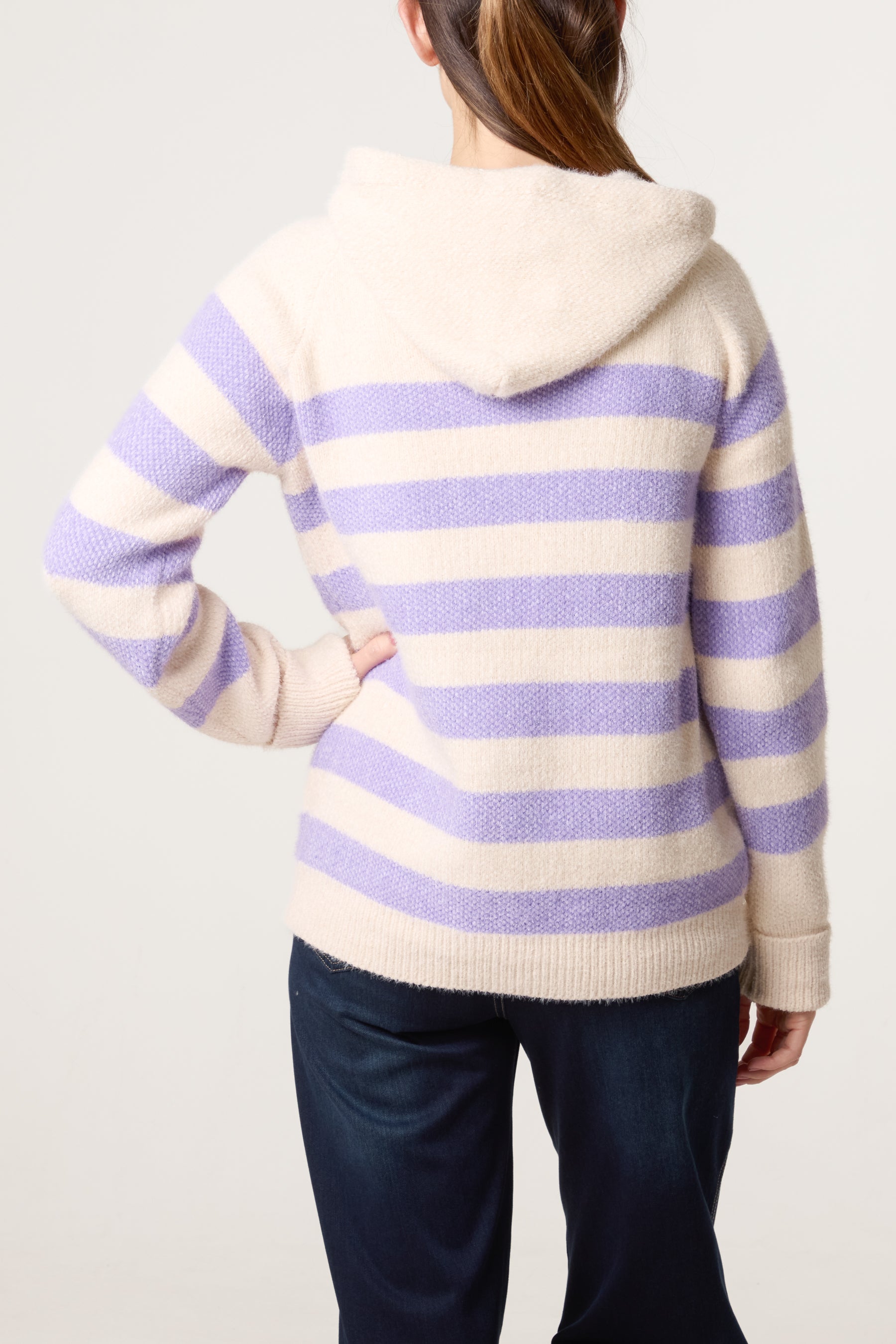 Striped Zip Up & Pocket Cosy Knit Hoodie