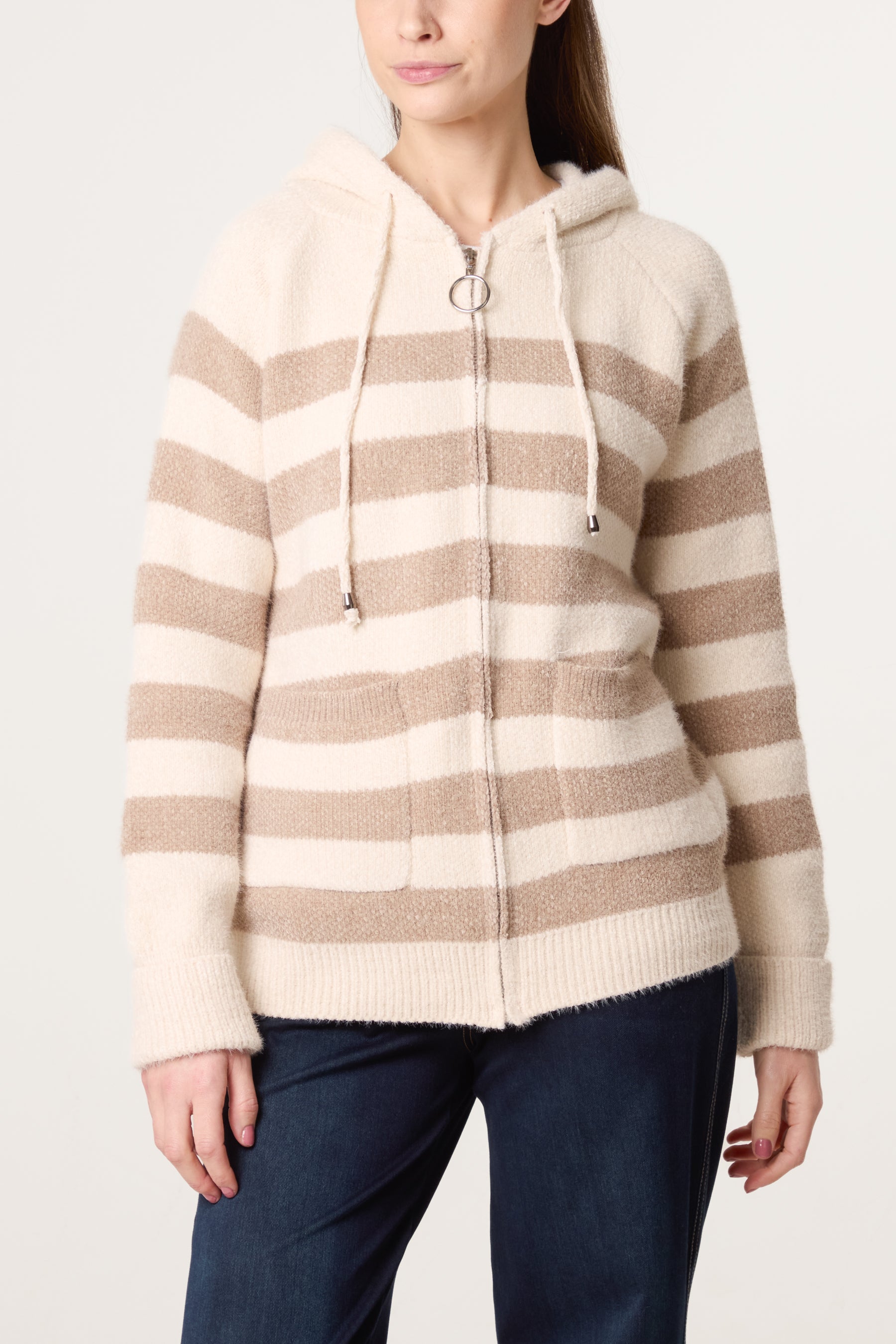 Striped Zip Up & Pocket Cosy Knit Hoodie