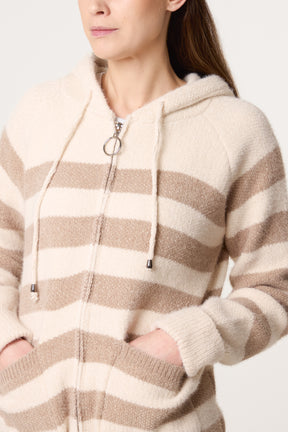 Striped Zip Up & Pocket Cosy Knit Hoodie