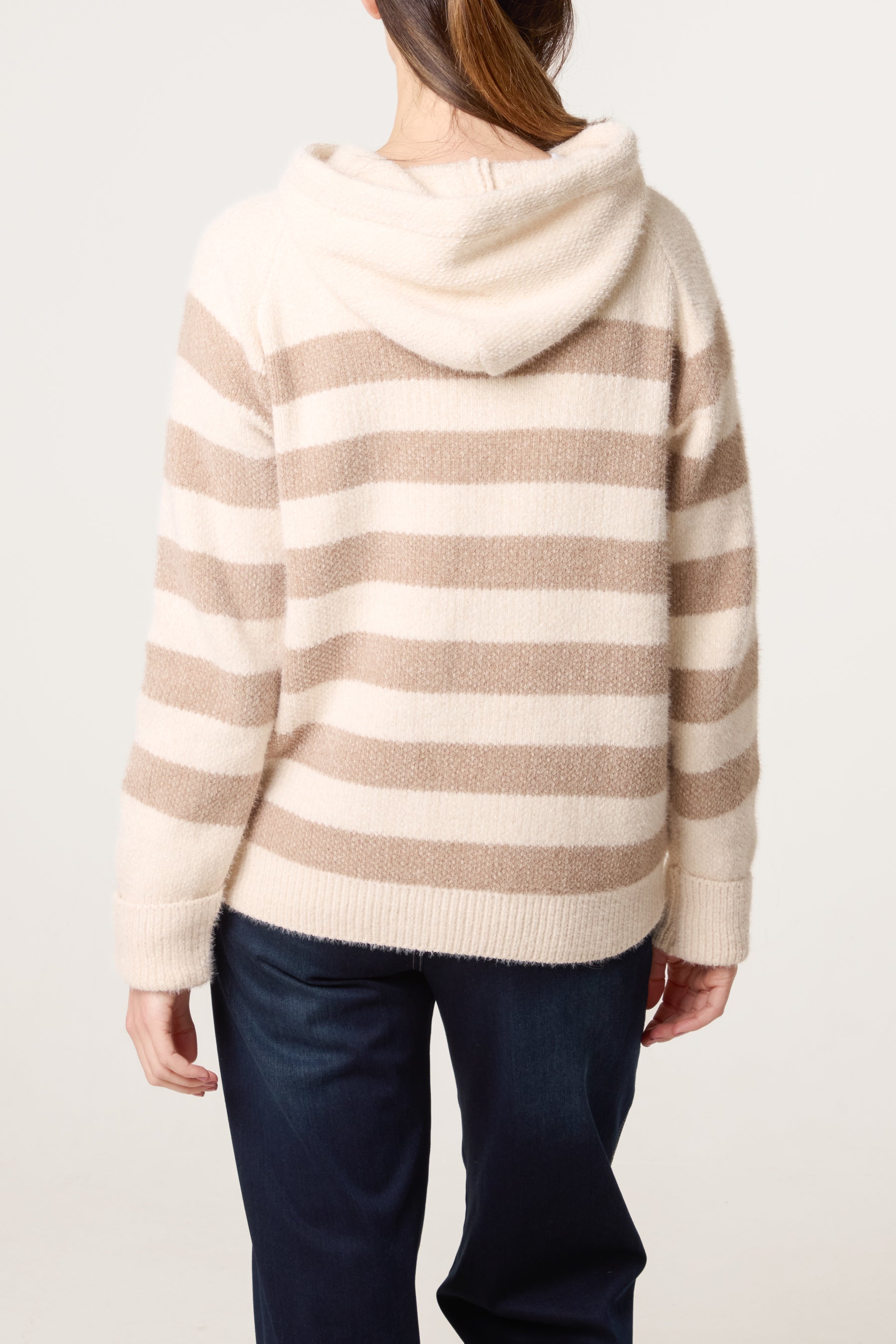 Striped Zip Up & Pocket Cosy Knit Hoodie