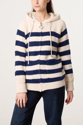 Striped Zip Up & Pocket Cosy Knit Hoodie