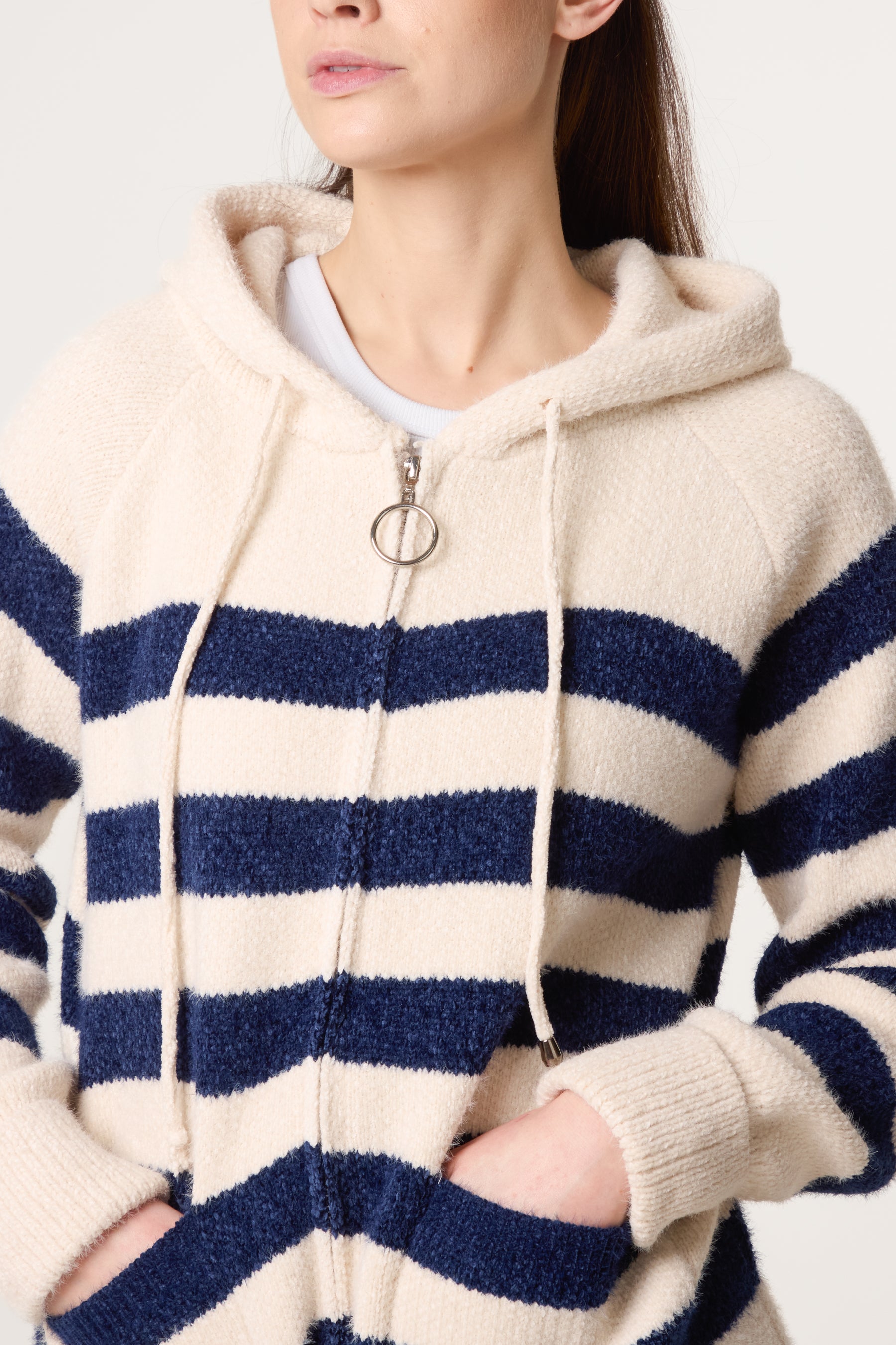 Striped Zip Up & Pocket Cosy Knit Hoodie