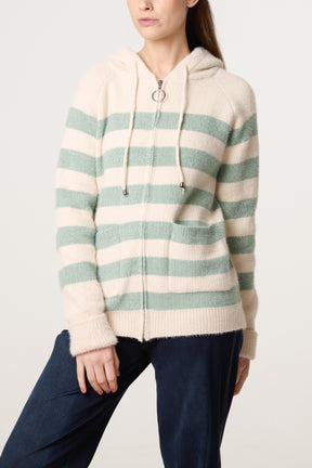 Striped Zip Up & Pocket Cosy Knit Hoodie