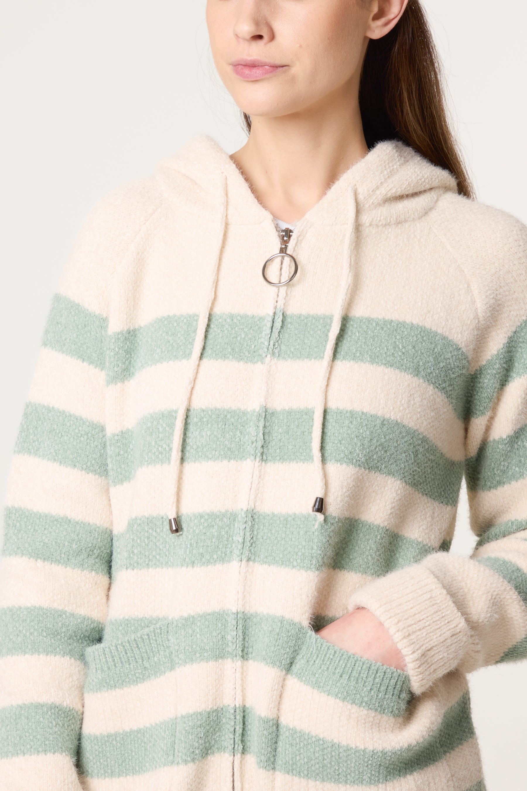 Striped Zip Up & Pocket Cosy Knit Hoodie