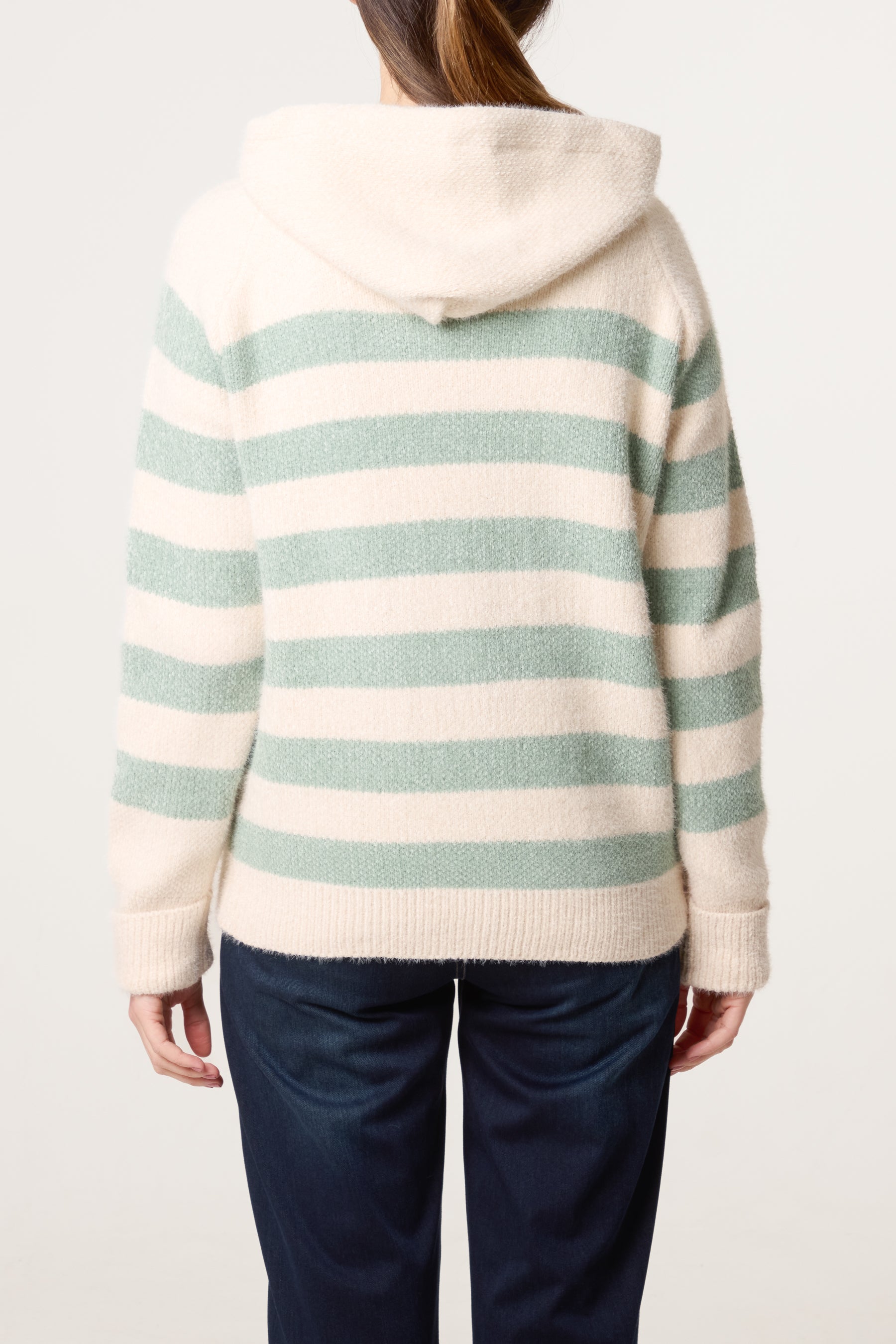 Striped Zip Up & Pocket Cosy Knit Hoodie