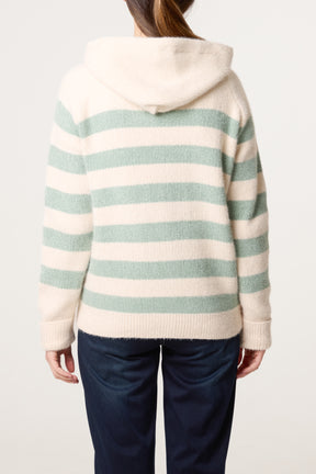 Striped Zip Up & Pocket Cosy Knit Hoodie