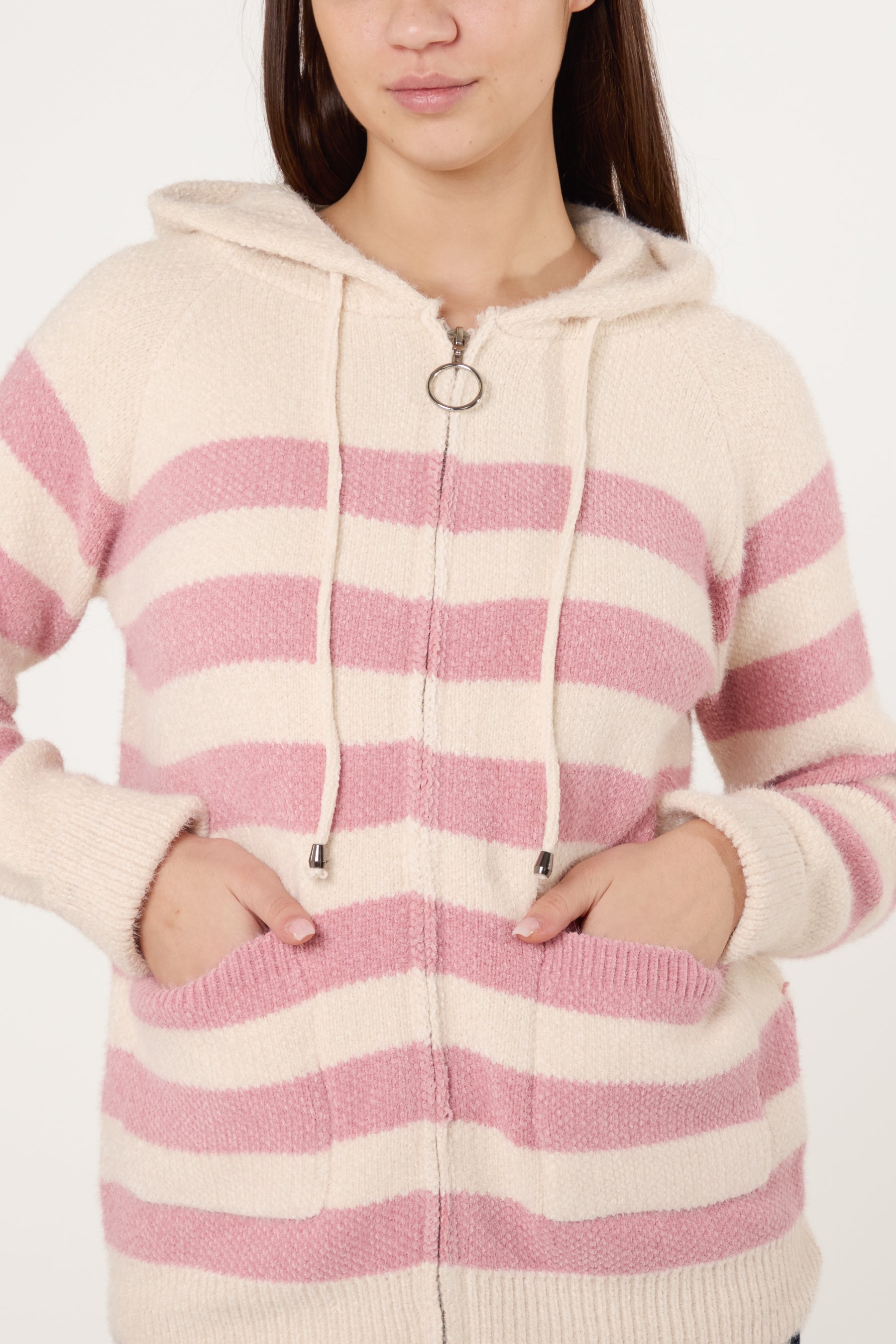 Striped Zip Up & Pocket Cosy Knit Hoodie