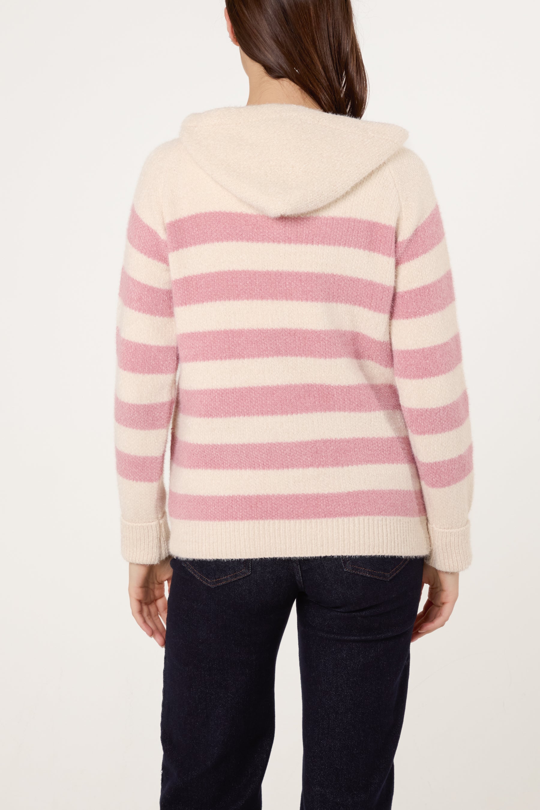Striped Zip Up & Pocket Cosy Knit Hoodie
