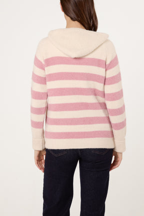 Striped Zip Up & Pocket Cosy Knit Hoodie