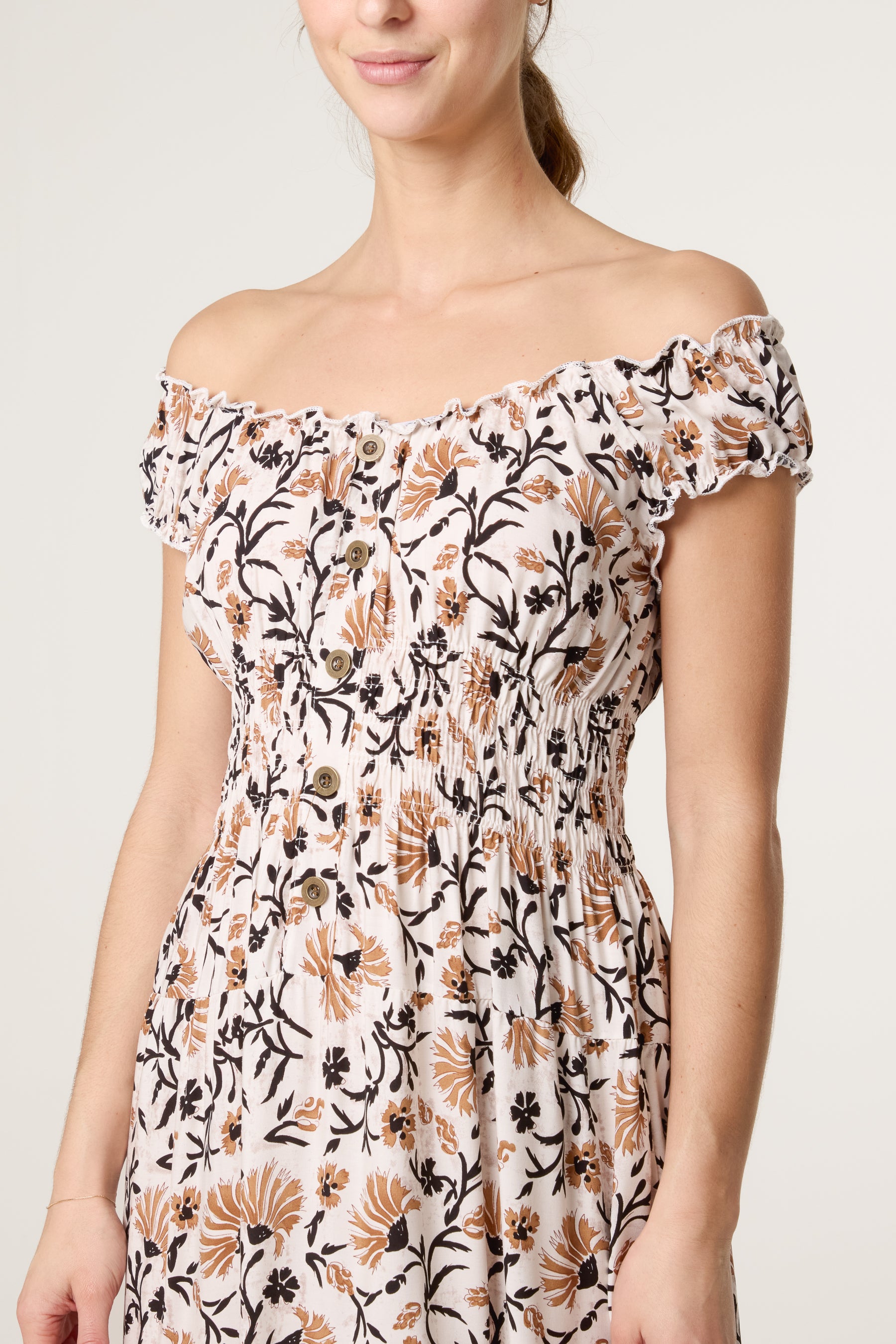 Elastic Bardot Flower Vine Dress