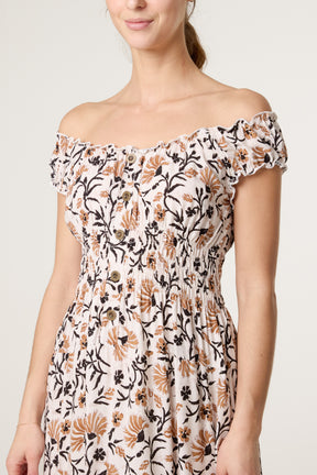 Elastic Bardot Flower Vine Dress