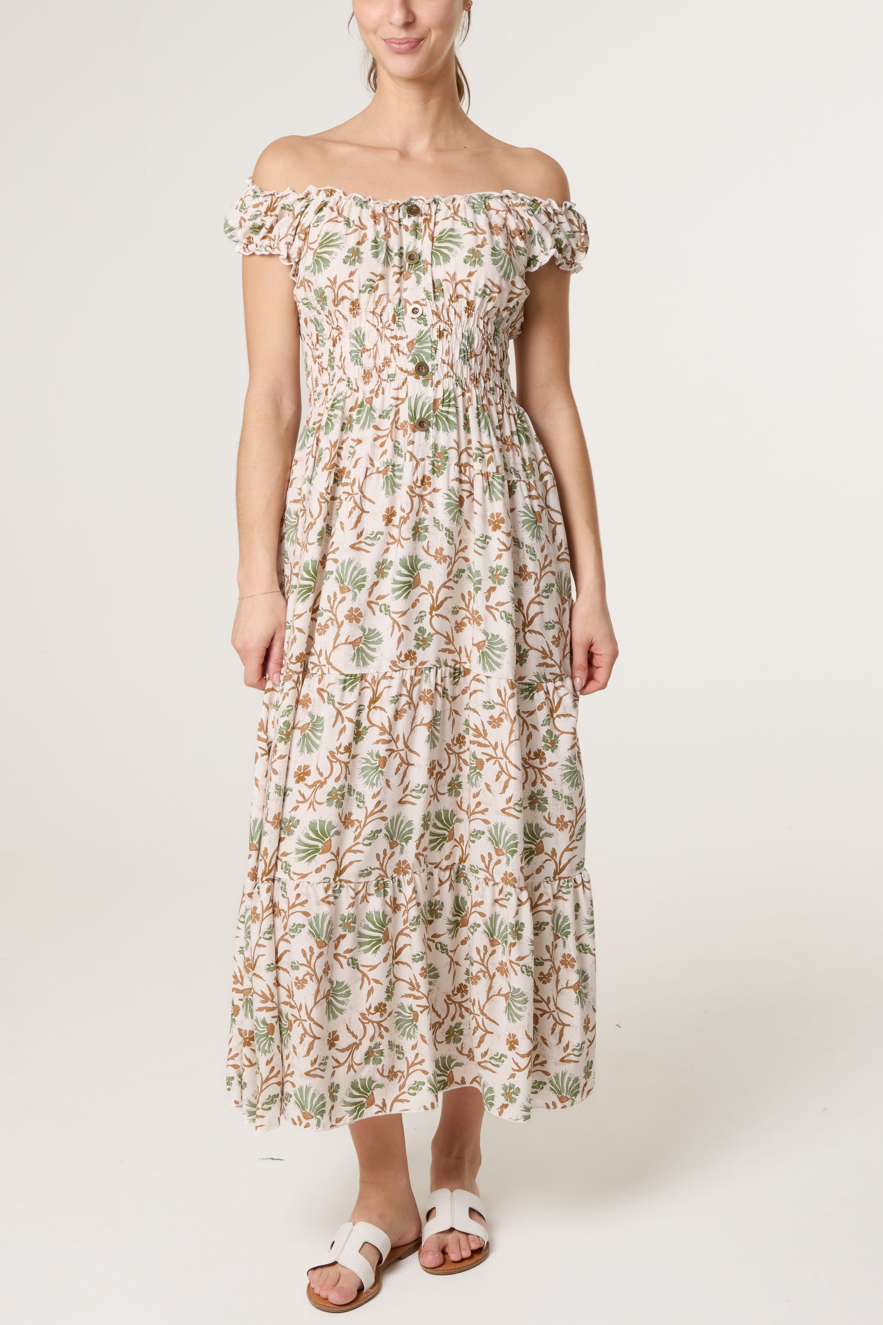 Elastic Bardot Flower Vine Dress