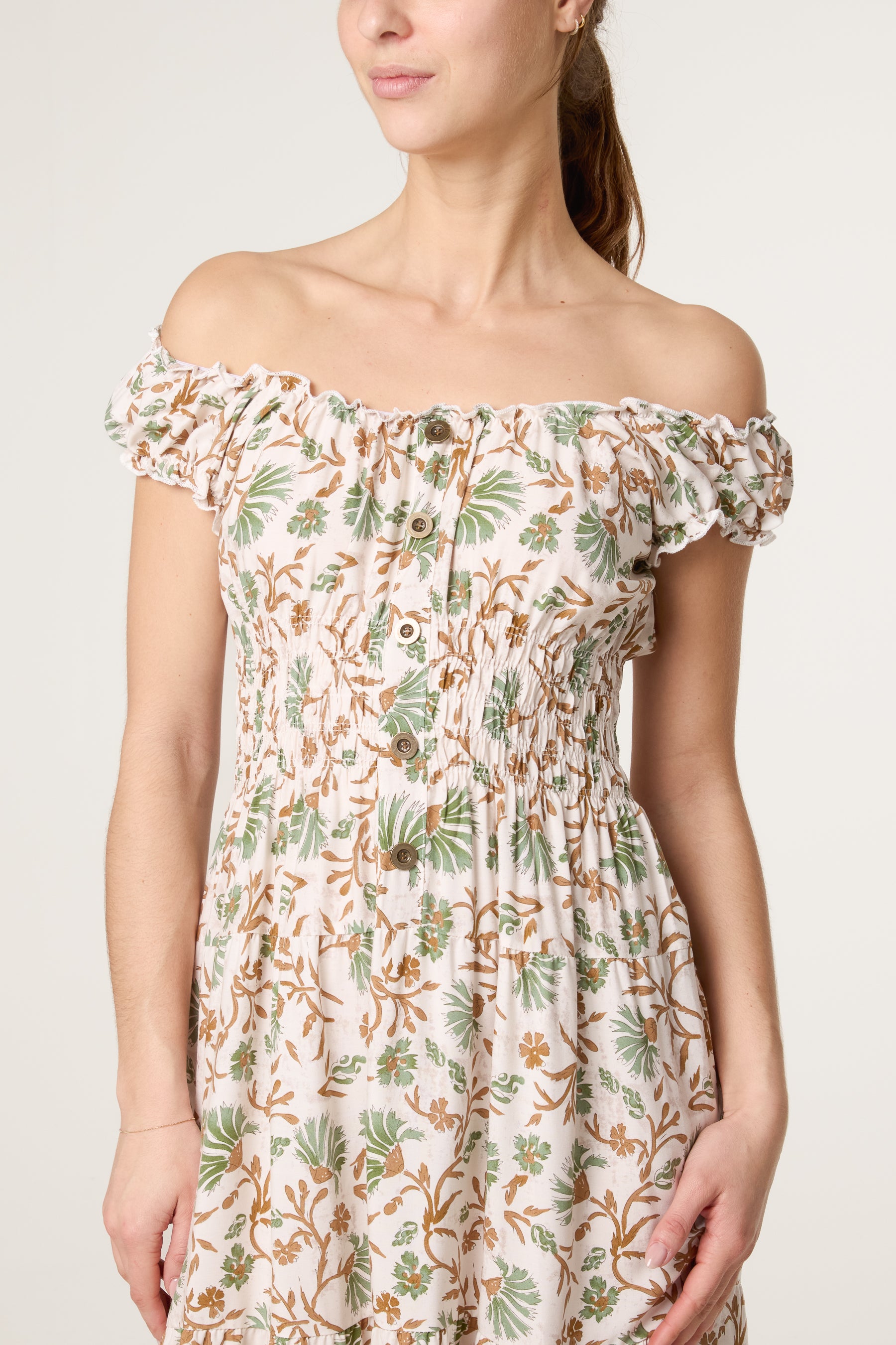 Elastic Bardot Flower Vine Dress