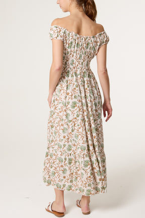 Elastic Bardot Flower Vine Dress