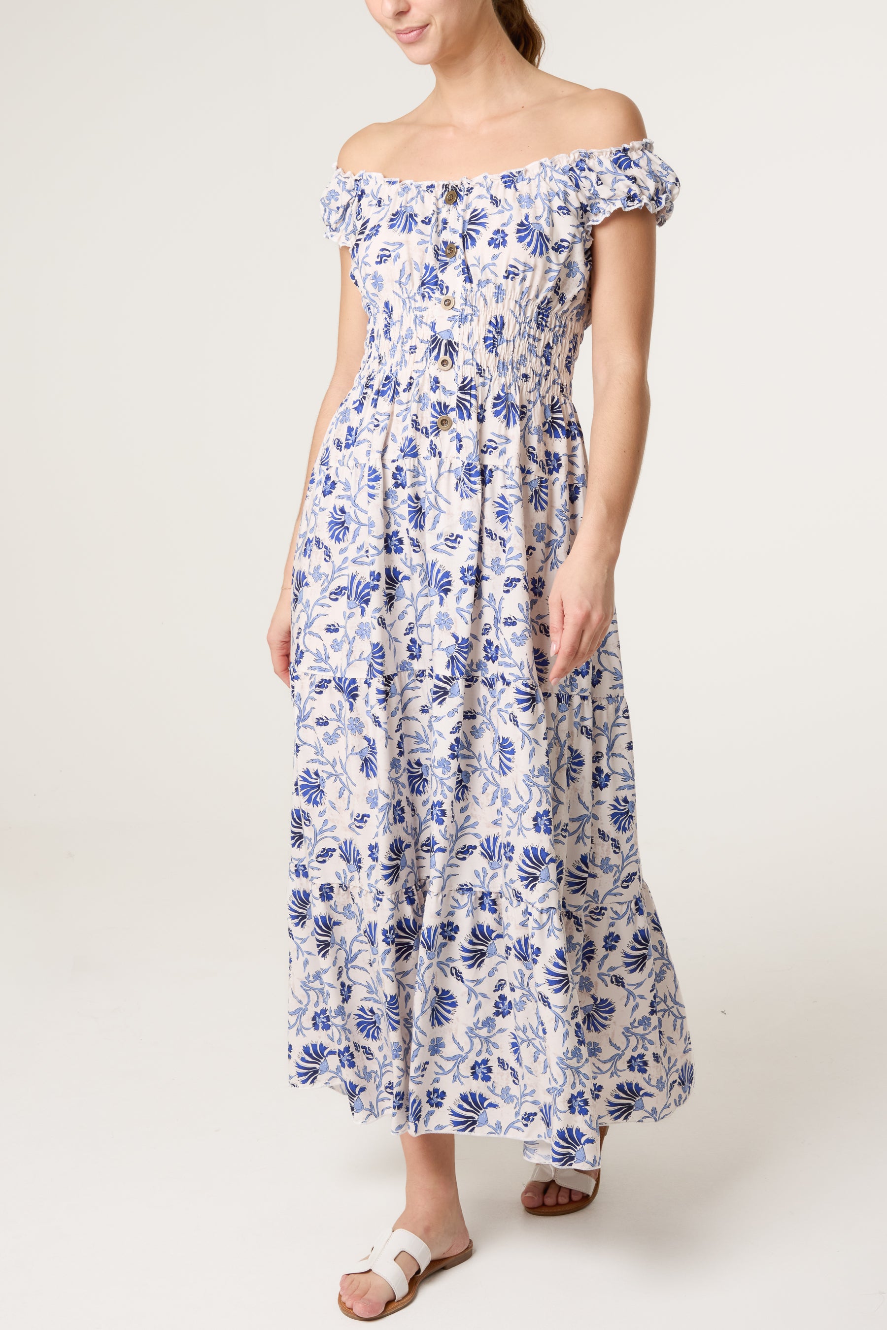 Elastic Bardot Flower Vine Dress
