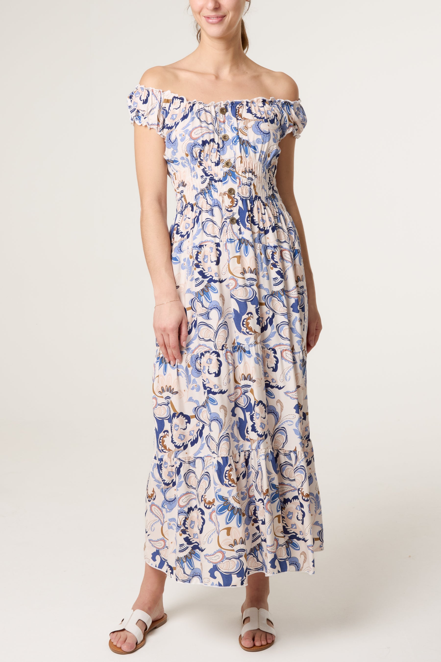 Elastic Bardot Paisley Tiered Dress