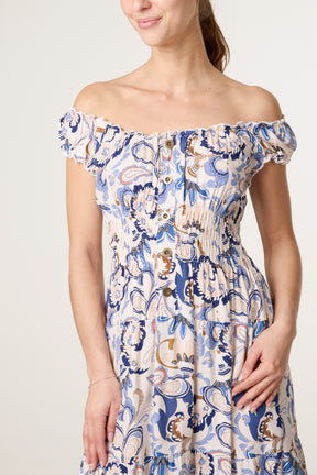 Elastic Bardot Paisley Tiered Dress