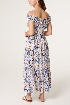 Elastic Bardot Paisley Tiered Dress