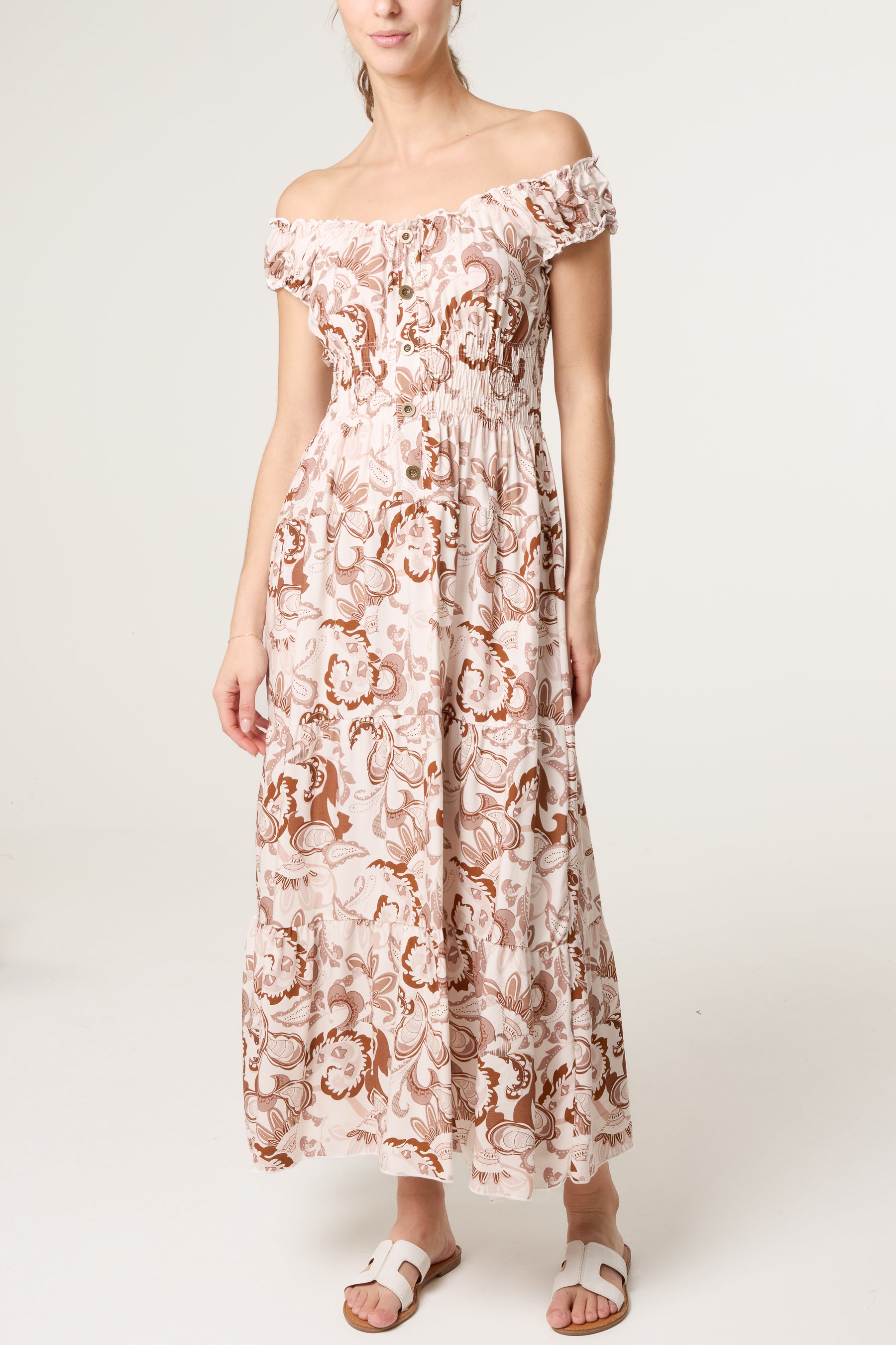 Elastic Bardot Paisley Tiered Dress