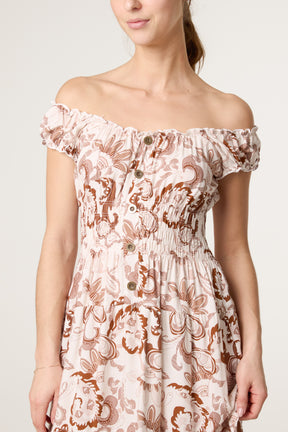 Elastic Bardot Paisley Tiered Dress