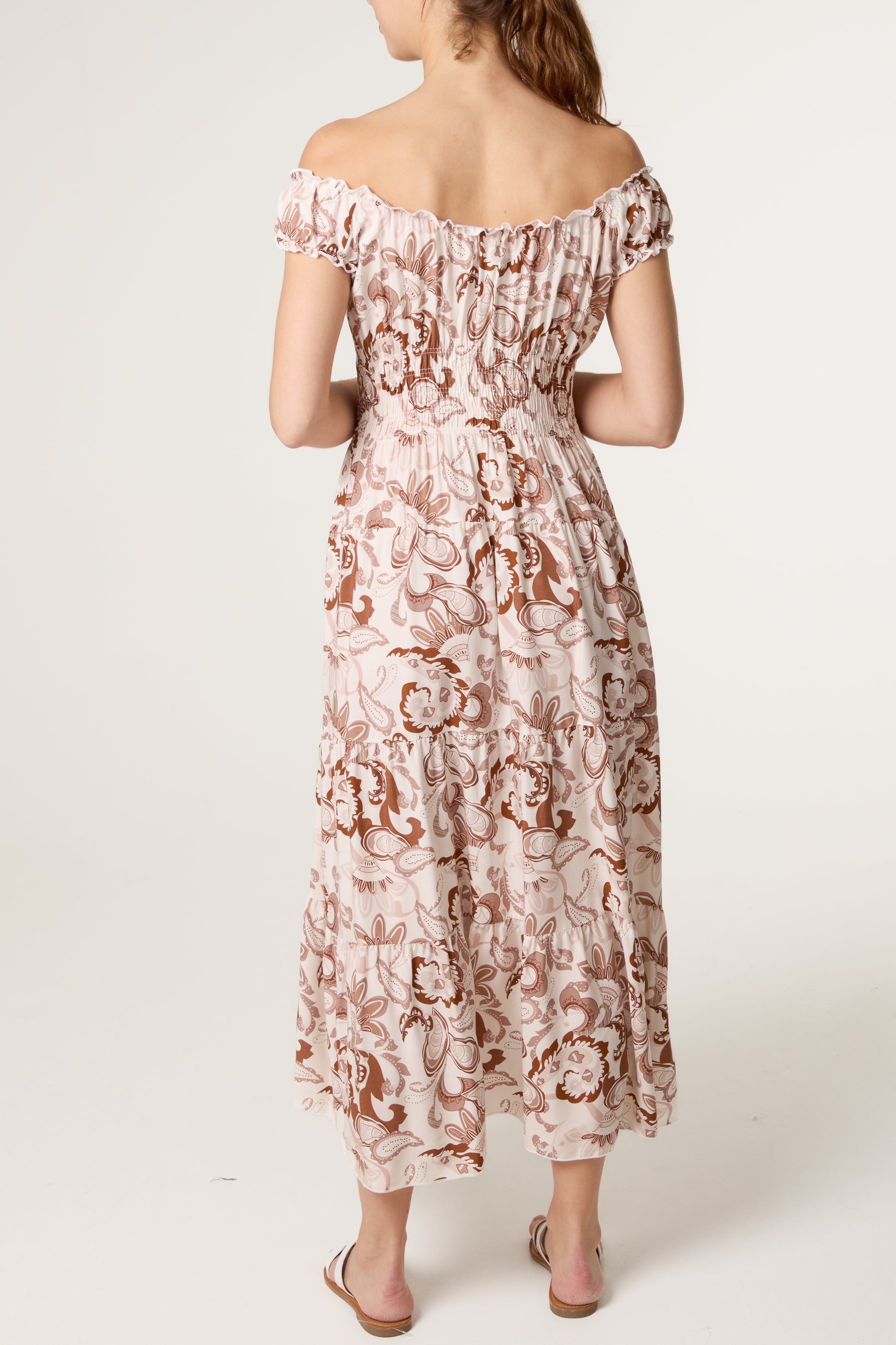 Elastic Bardot Paisley Tiered Dress