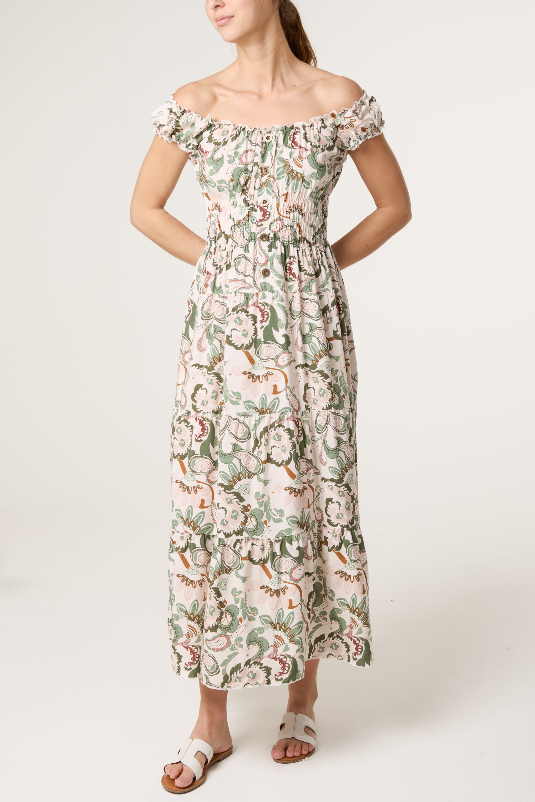 Elastic Bardot Paisley Tiered Dress