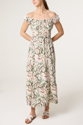 Elastic Bardot Paisley Tiered Dress