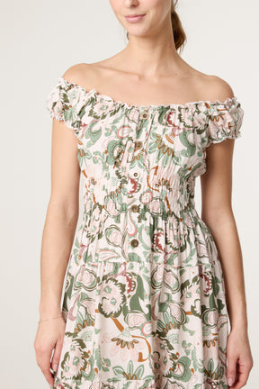 Elastic Bardot Paisley Tiered Dress