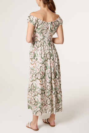 Elastic Bardot Paisley Tiered Dress