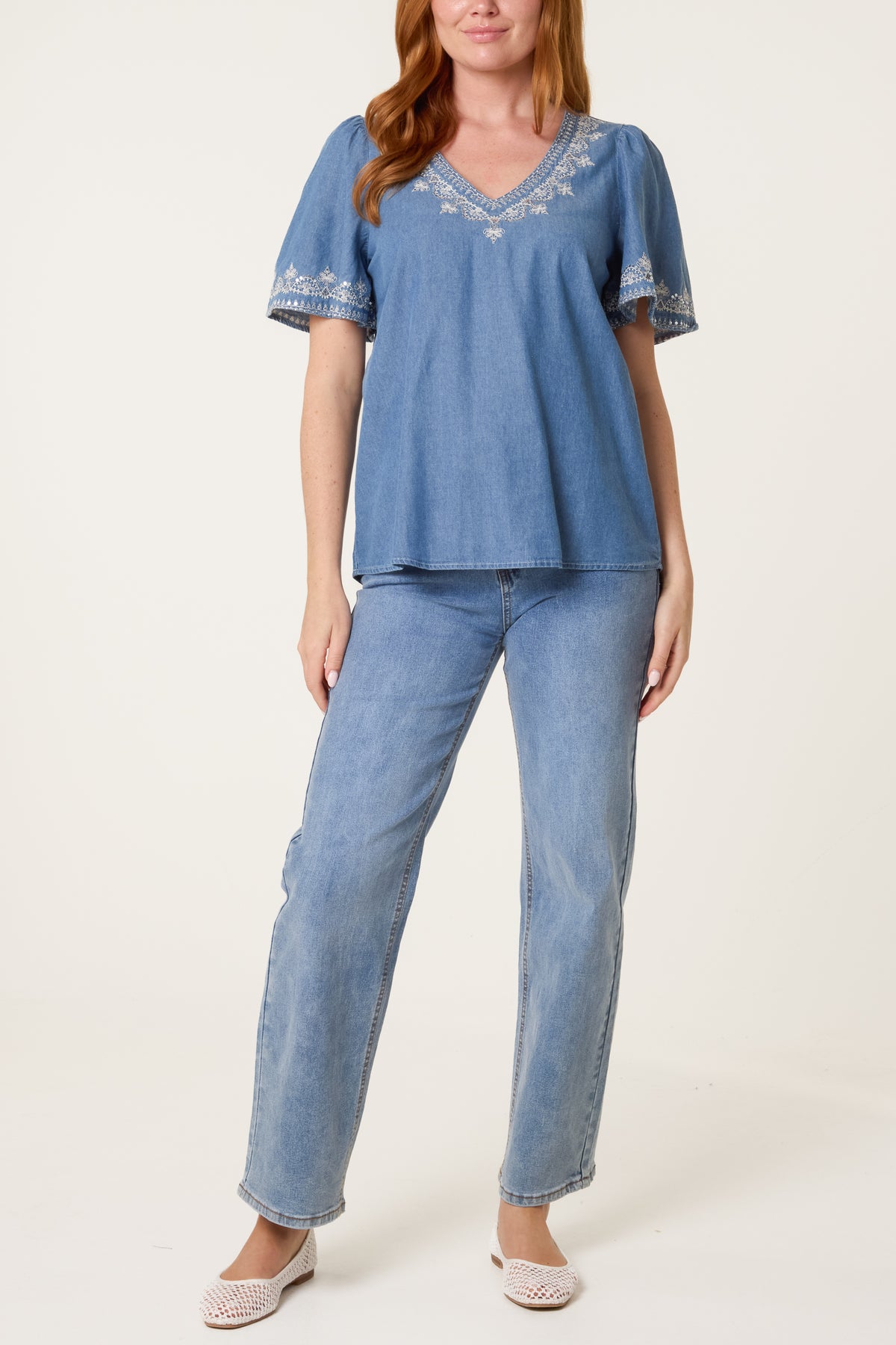 Embroidered Neckline Denim Top