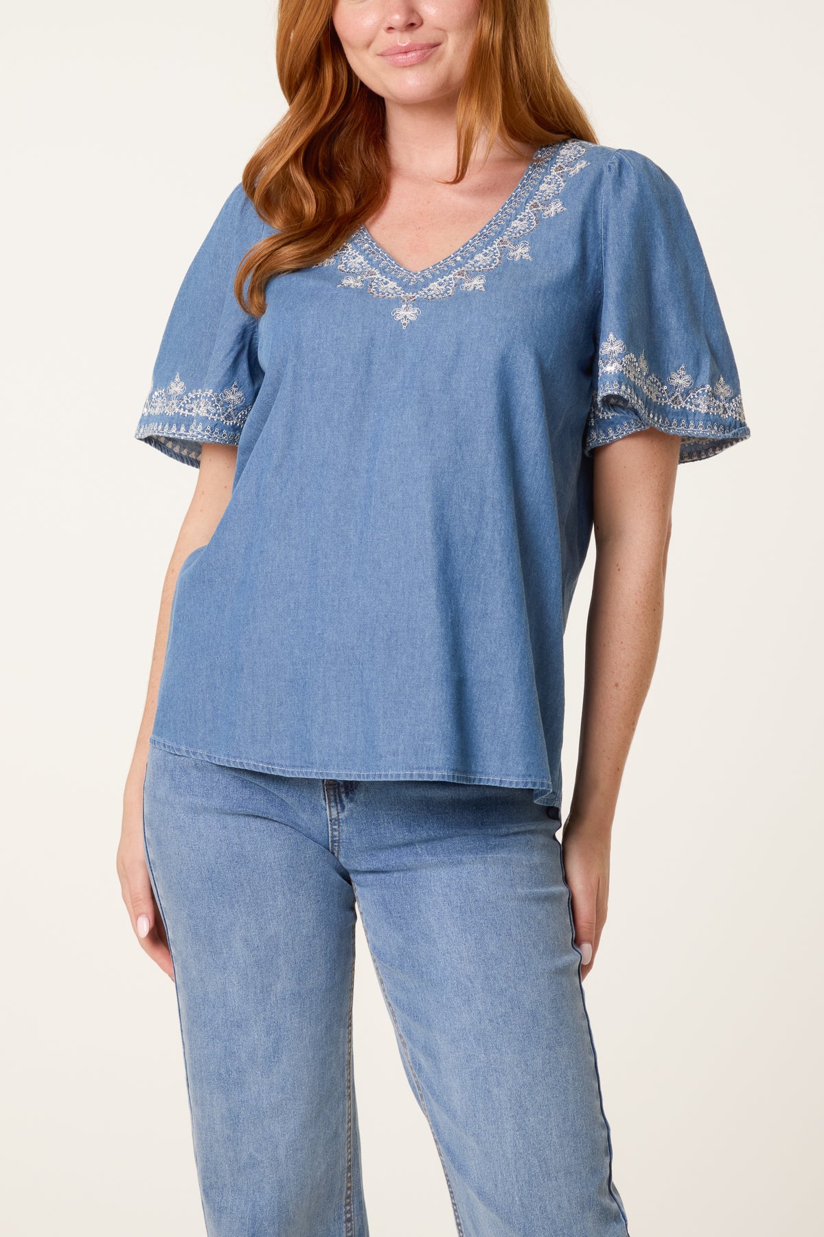 Embroidered Neckline Denim Top
