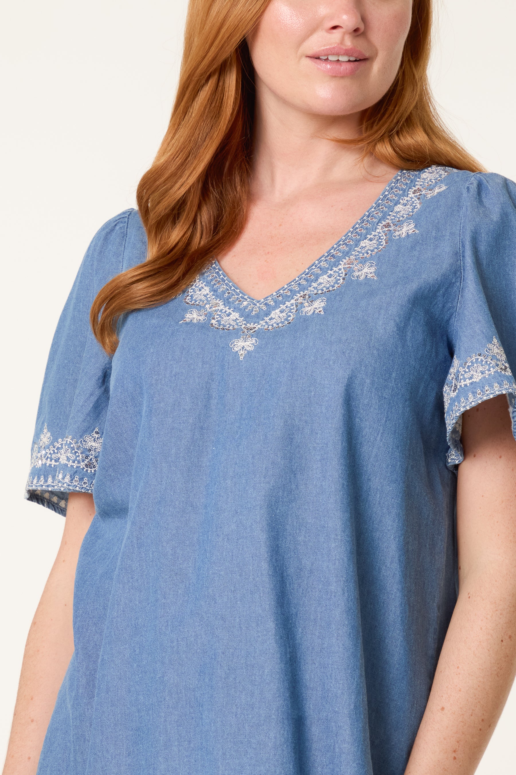 Embroidered Neckline Denim Top