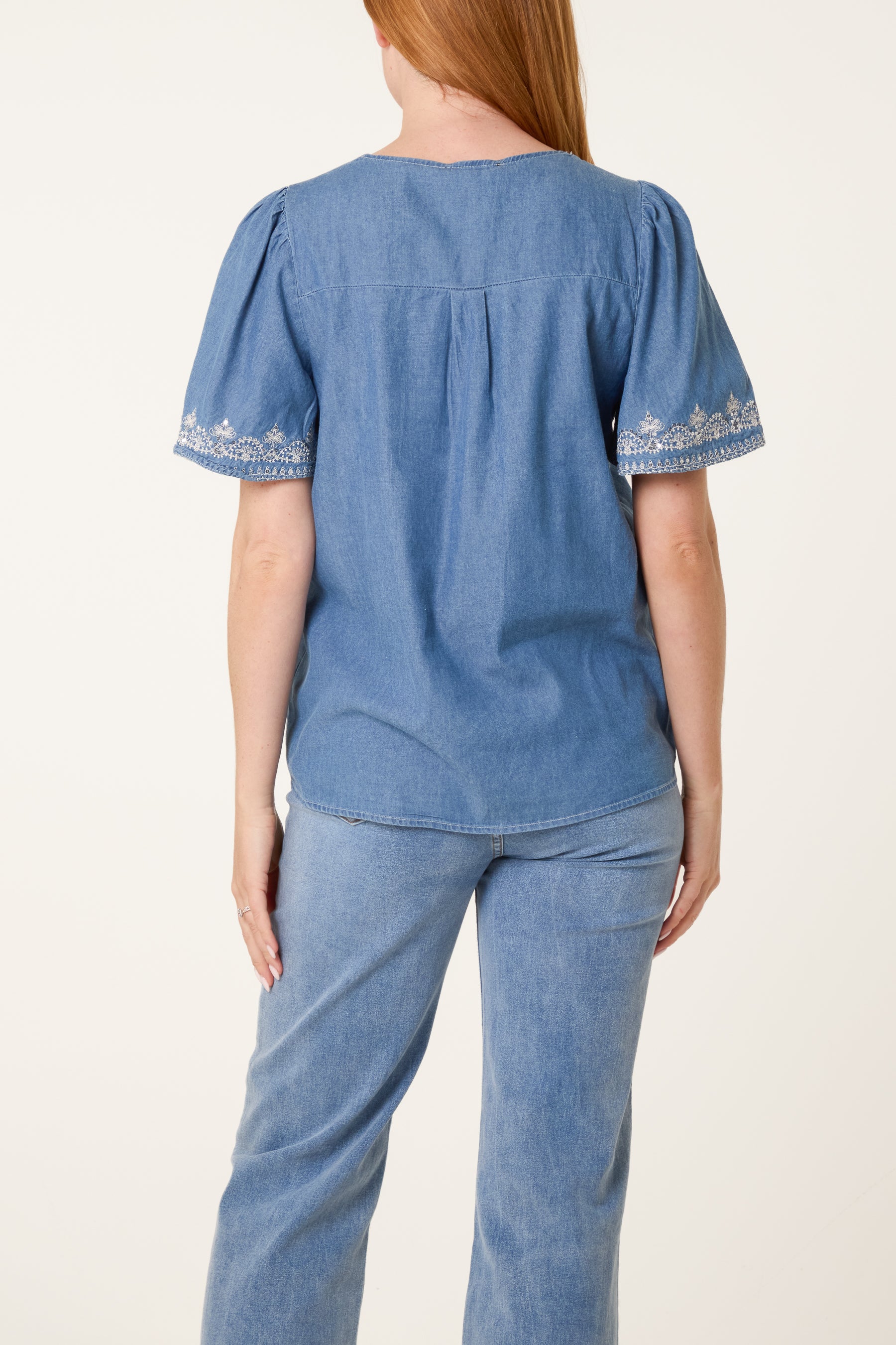 Embroidered Neckline Denim Top