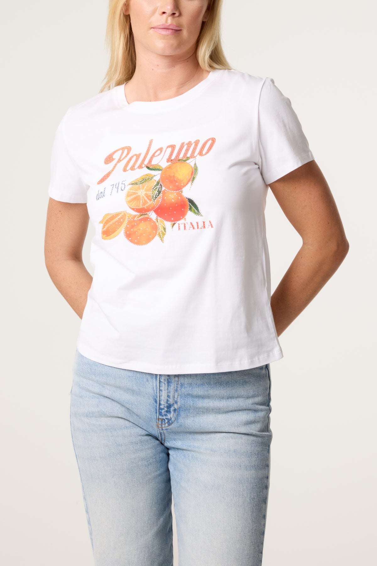 Embellished Palermo Orange Print T-Shirt