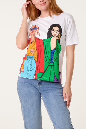 Illustration Colourful Girls Embellished T-Shirt
