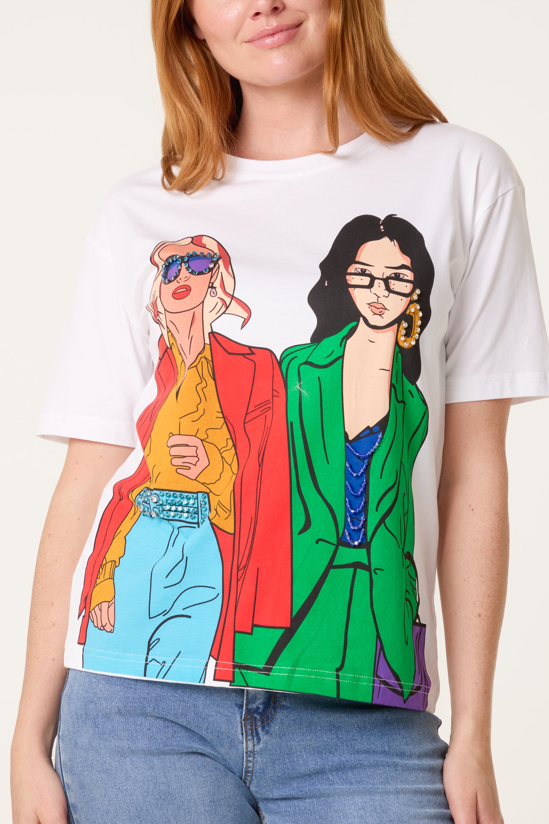 Illustration Colourful Girls Embellished T-Shirt