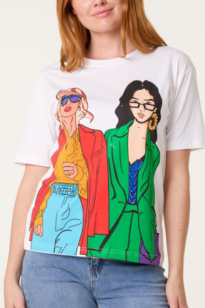 Illustration Colourful Girls Embellished T-Shirt