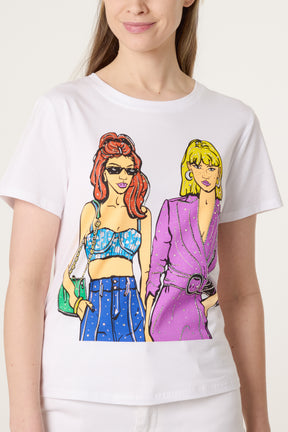 Illustration Glam Girls Embellished T-Shirt