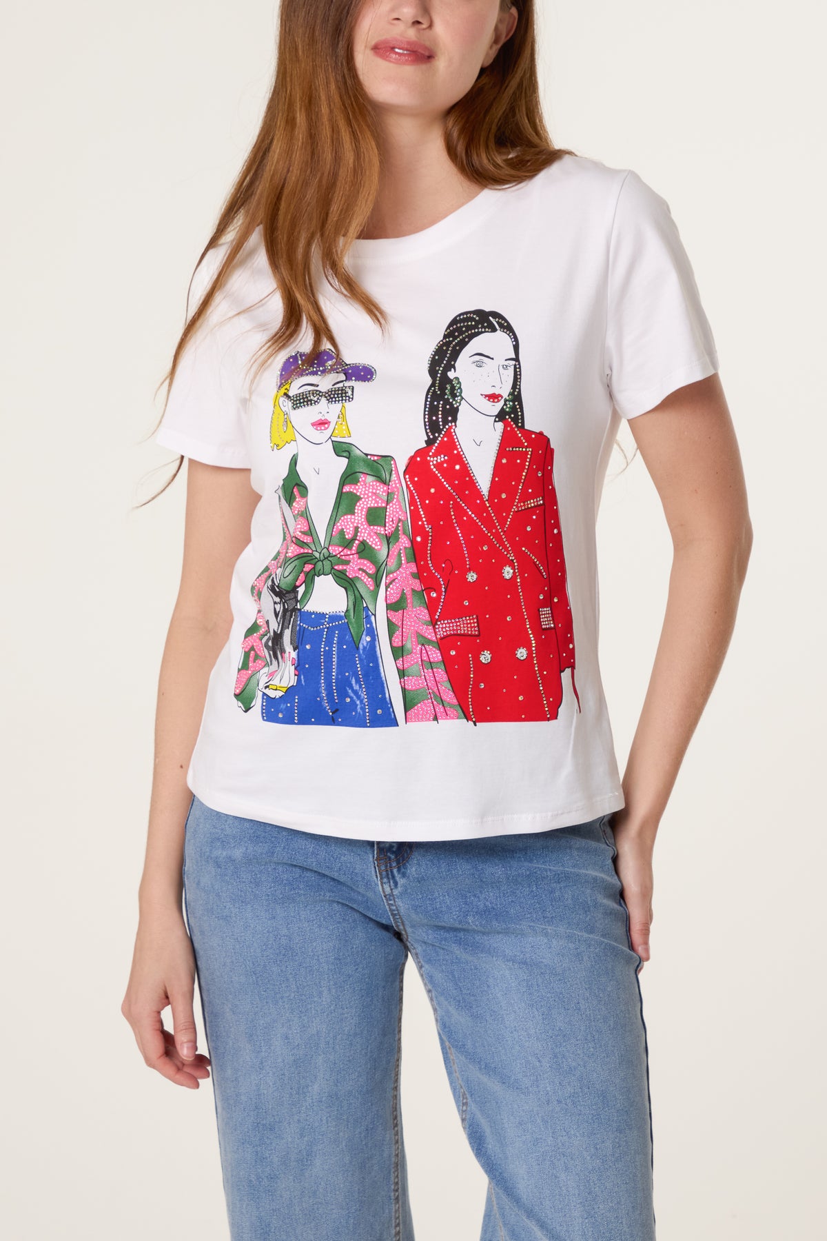 Illustration Trendy Girls Embellished T-Shirt