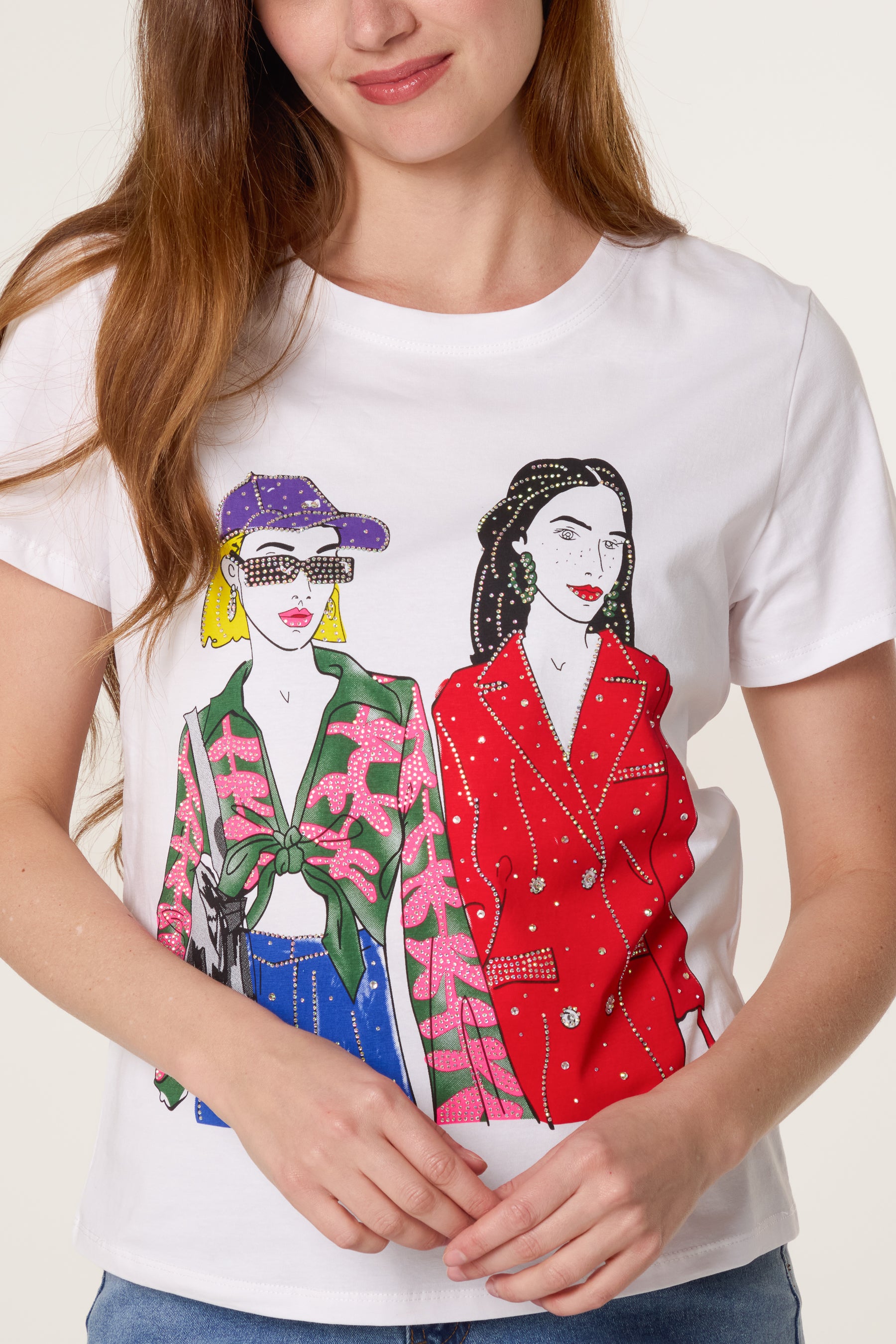 Illustration Trendy Girls Embellished T-Shirt