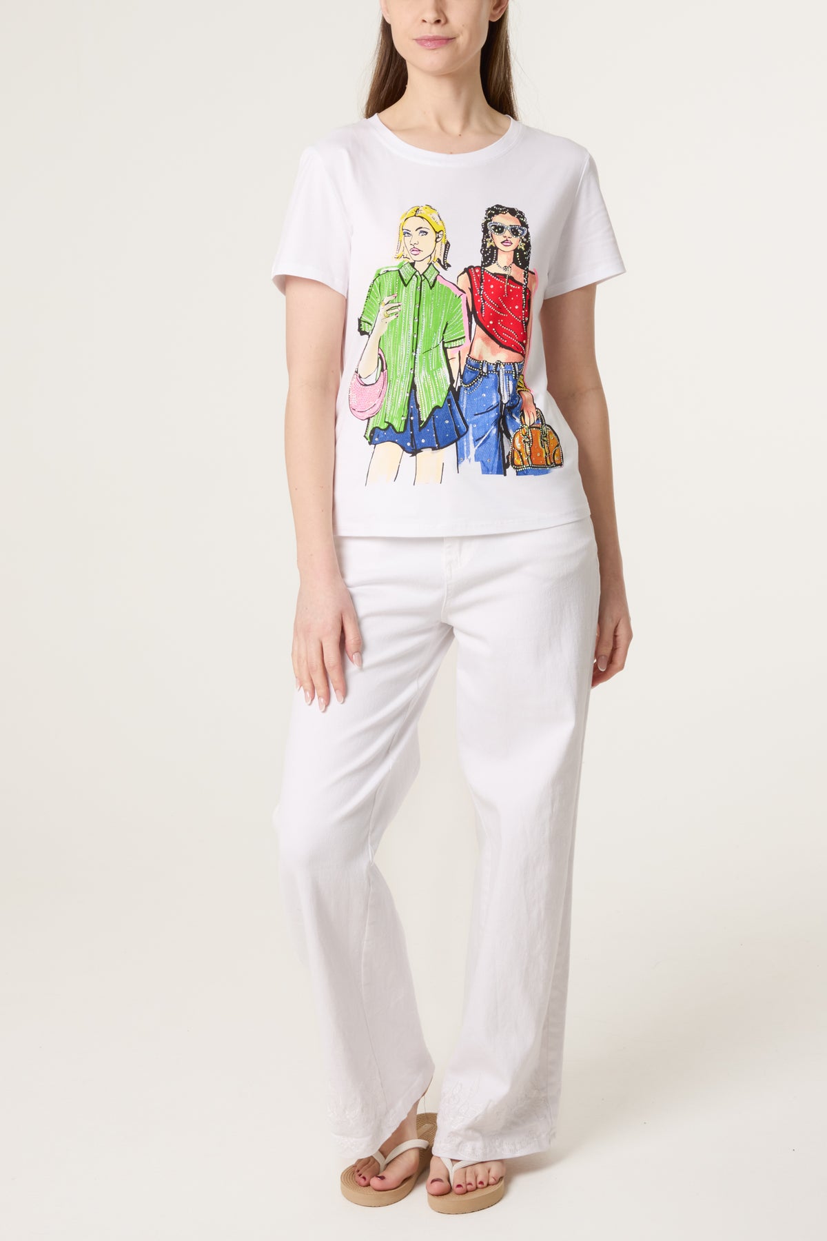 Illustration Fashion Girls Embellished T-Shirt
