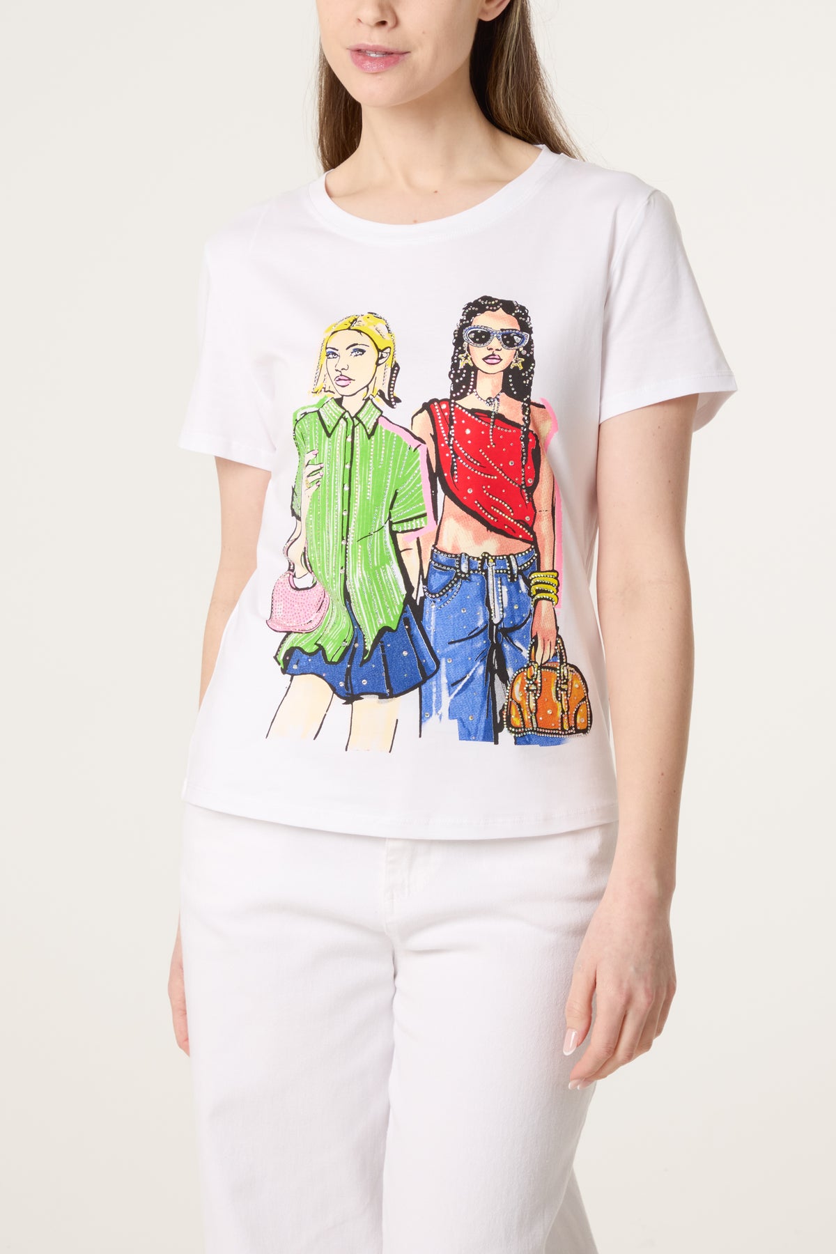 Illustration Fashion Girls Embellished T-Shirt