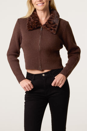 Leopard-Print Faux Fur Collar Cardigan