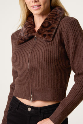 Leopard-Print Faux Fur Collar Cardigan