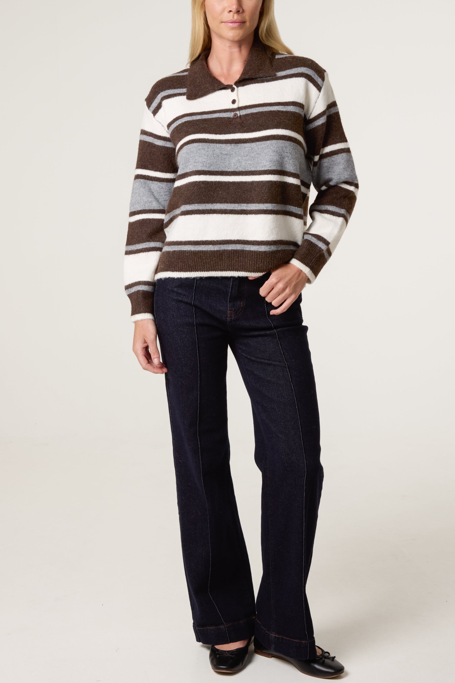 Striped Long Sleeve Polo Collar Jumper