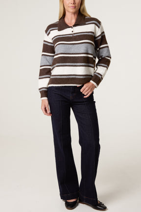 Striped Long Sleeve Polo Collar Jumper