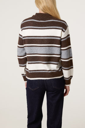 Striped Long Sleeve Polo Collar Jumper