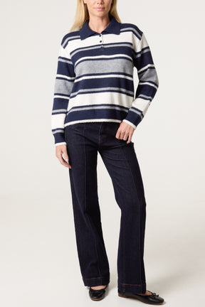 Striped Long Sleeve Polo Collar Jumper