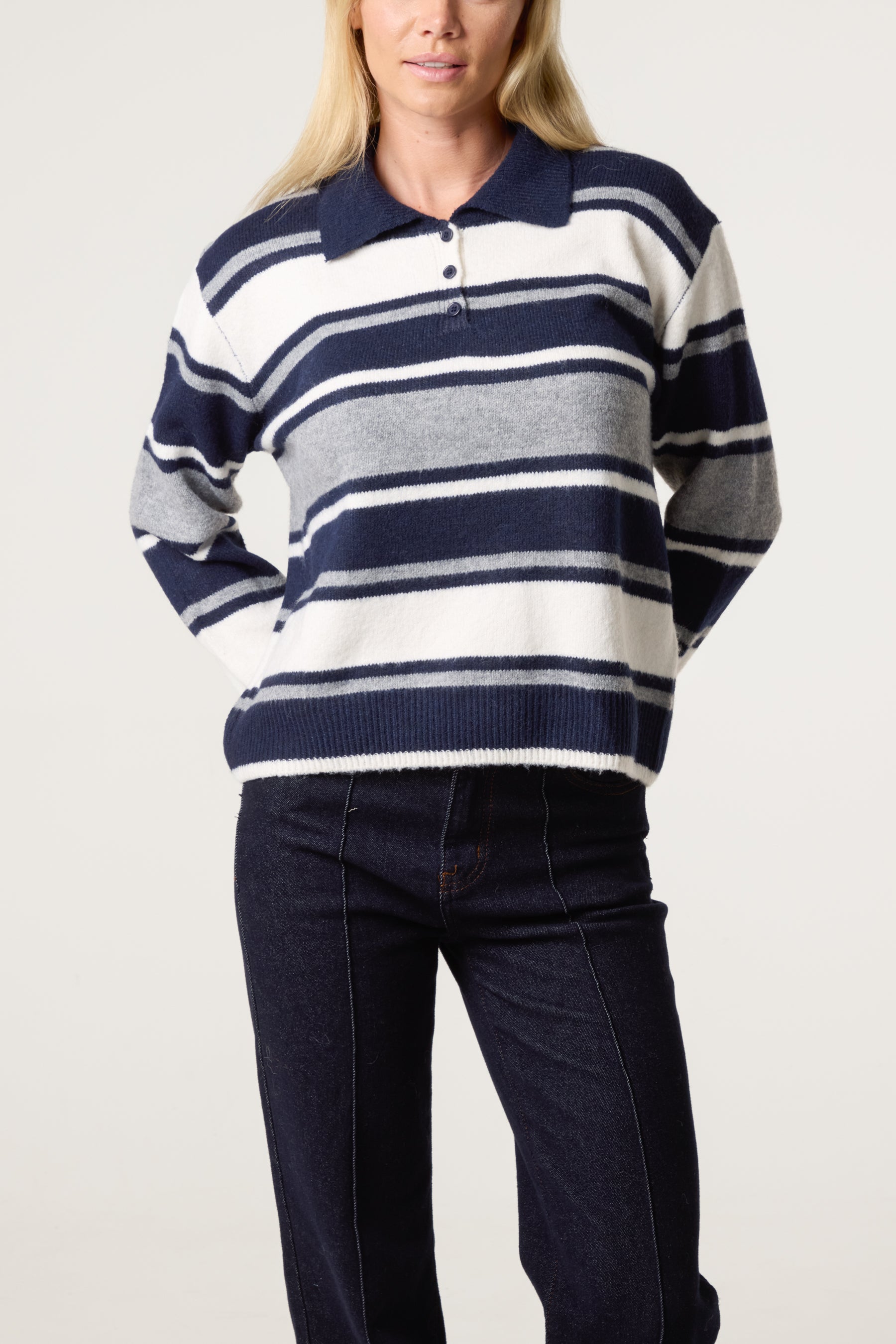 Striped Long Sleeve Polo Collar Jumper