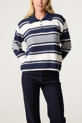 Striped Long Sleeve Polo Collar Jumper